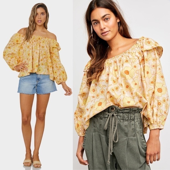 NEW FREE PEOPLE 70s Floral Puff Sleeve Ruffled On/Off Shoulder Oversized Top XS - Picture 1 of 11